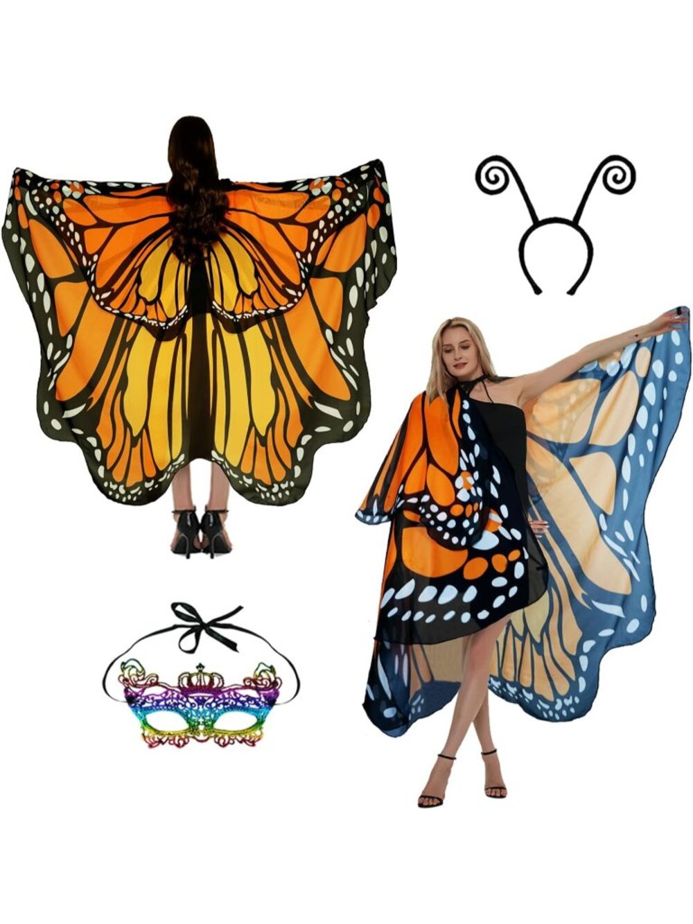 Women's Adult Butterfly Costume Monarch Butterfly Wing Cape 3Pcs Mask Halloween2
